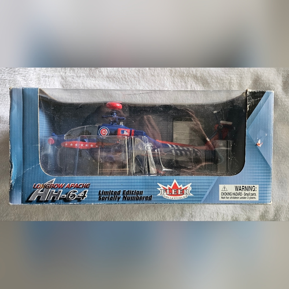 Longbow Apache AH-64 die-cast helicopter collectible with a Chicago Cubs